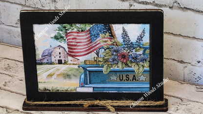 July Blue Truck Patriotic Farm Framed Art with Attached Stand