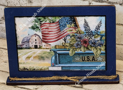 July Blue Truck Patriotic Farm Framed Art with Attached Stand