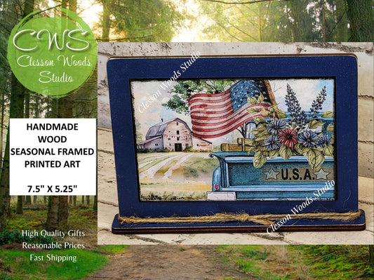 July Blue Truck Patriotic Farm Framed Art with Attached Stand