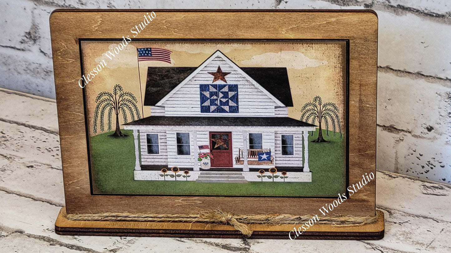 Primitive White House July Framed Art with Attached Stand