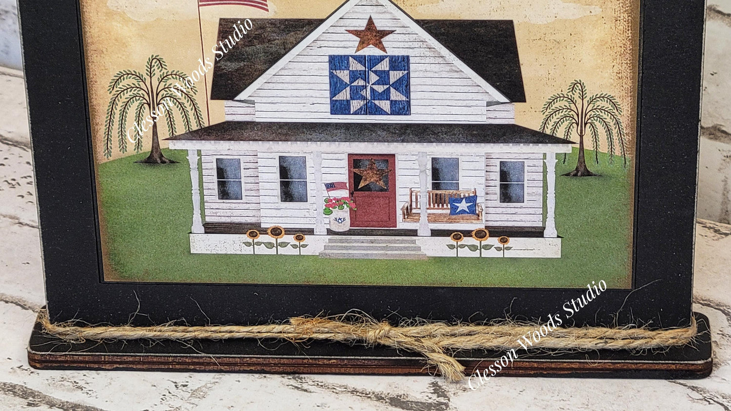 Primitive White House July Framed Art with Attached Stand
