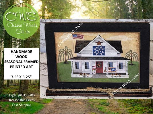 Primitive White House July Framed Art with Attached Stand