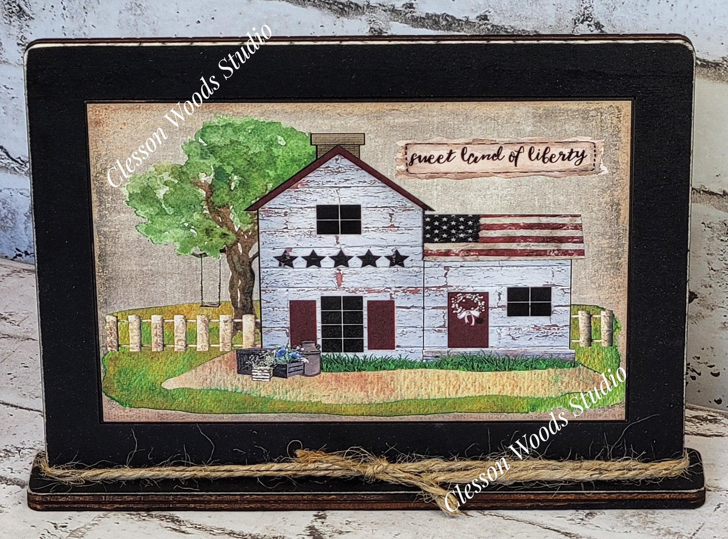 Primitive Saltbox Sweet Land of Liberty Framed Art with Attached Stand