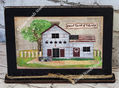 Primitive Saltbox Sweet Land of Liberty Framed Art with Attached Stand