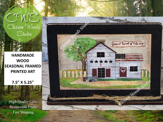 Primitive Saltbox Sweet Land of Liberty Framed Art with Attached Stand