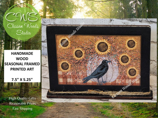 Primitive Sunflowers and Crow Framed Art with Attached Stand