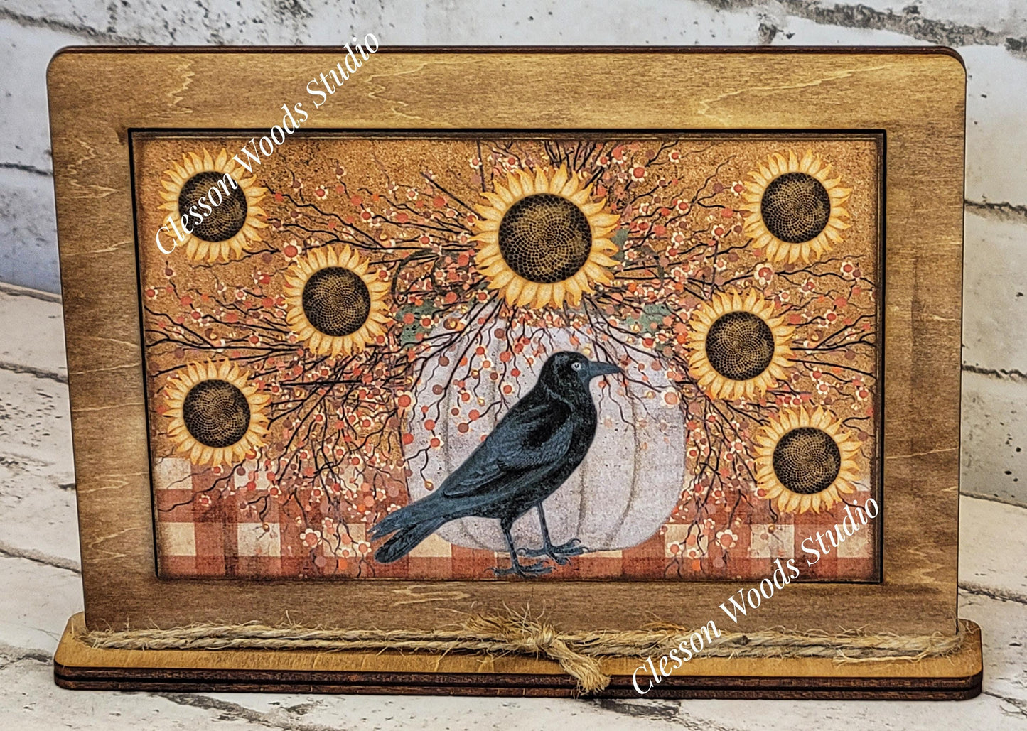 Primitive Sunflowers and Crow Framed Art with Attached Stand