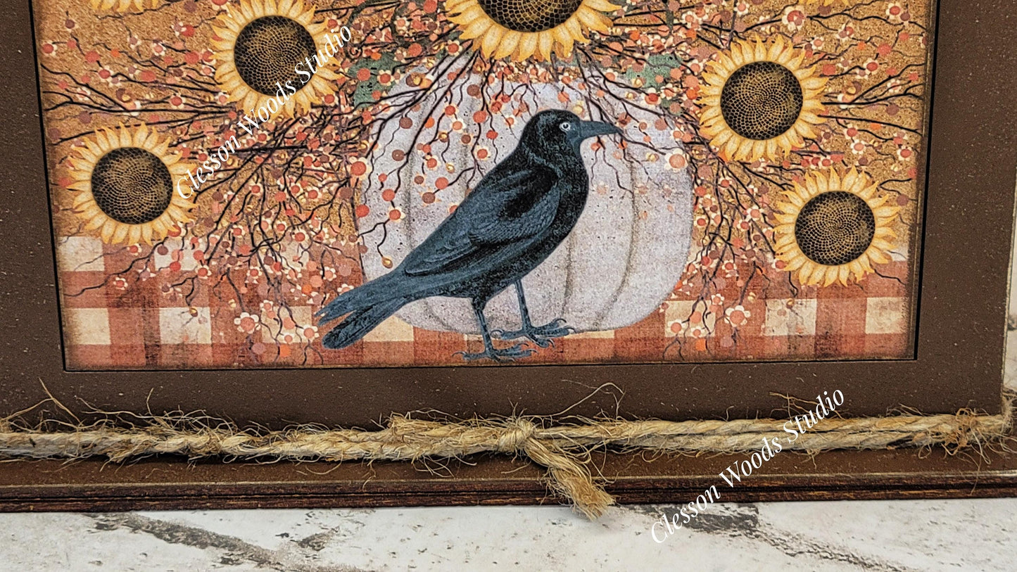 Primitive Sunflowers and Crow Framed Art with Attached Stand