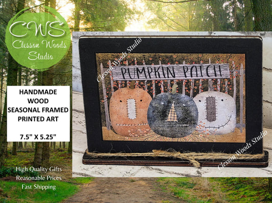 Primitive Pumpkin Patch Trio Framed Art with Attached Stand