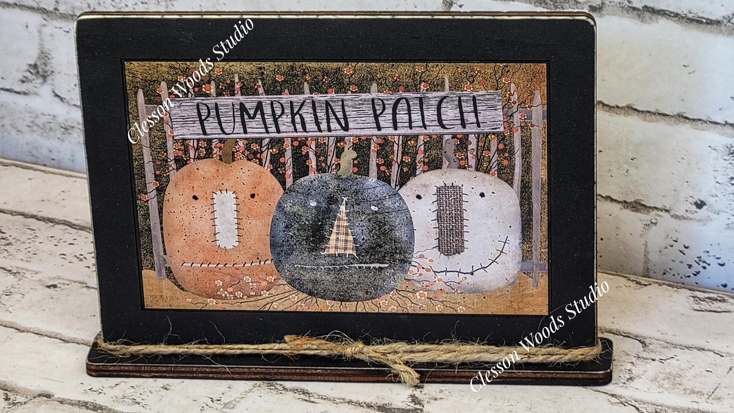 Primitive Pumpkin Patch Trio Framed Art with Attached Stand