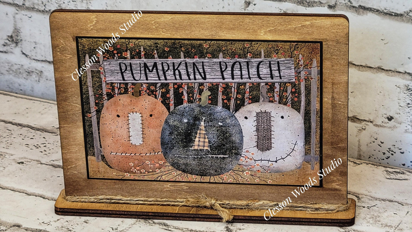 Primitive Pumpkin Patch Trio Framed Art with Attached Stand