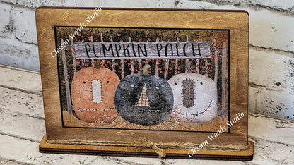 Primitive Pumpkin Patch Trio Framed Art with Attached Stand