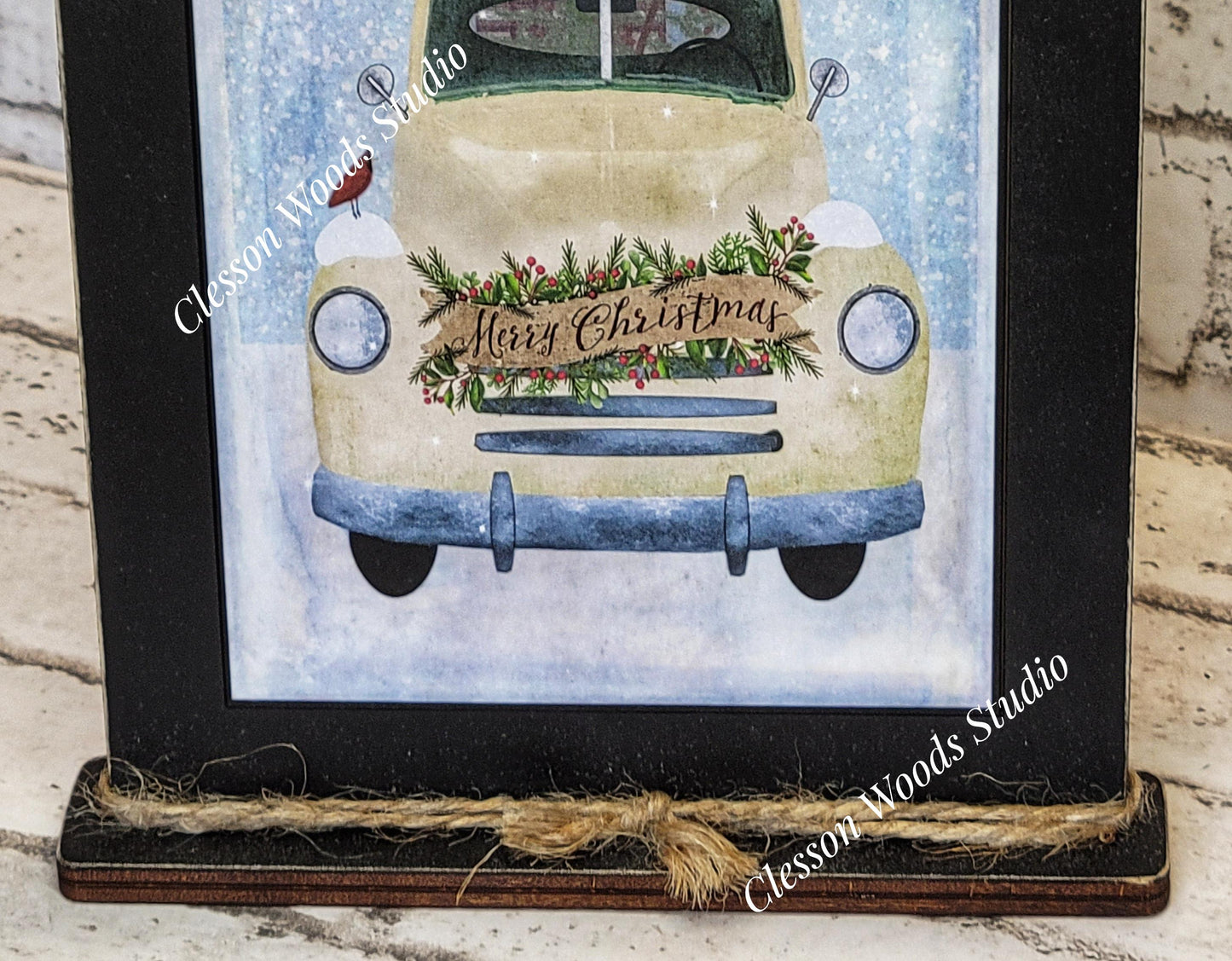 Vintage White Christmas Truck Framed Art with Attached Stand
