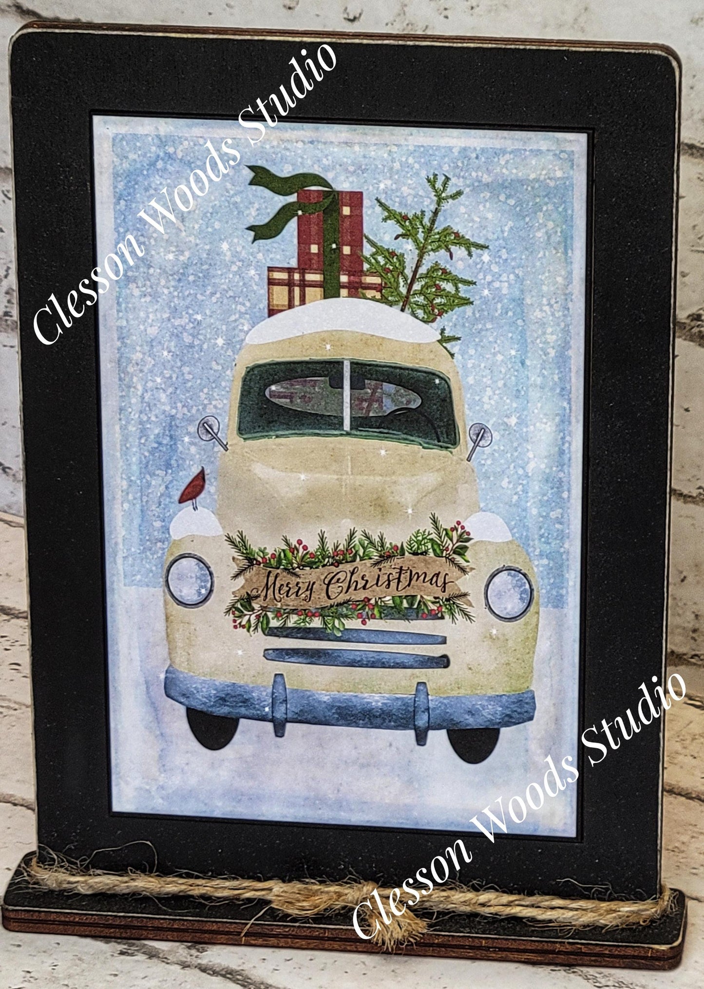 Vintage White Christmas Truck Framed Art with Attached Stand