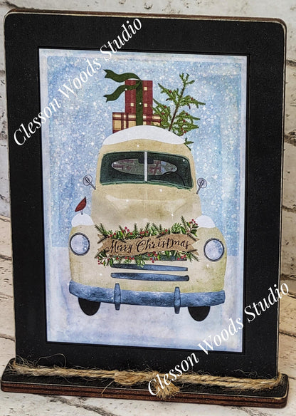 Vintage White Christmas Truck Framed Art with Attached Stand