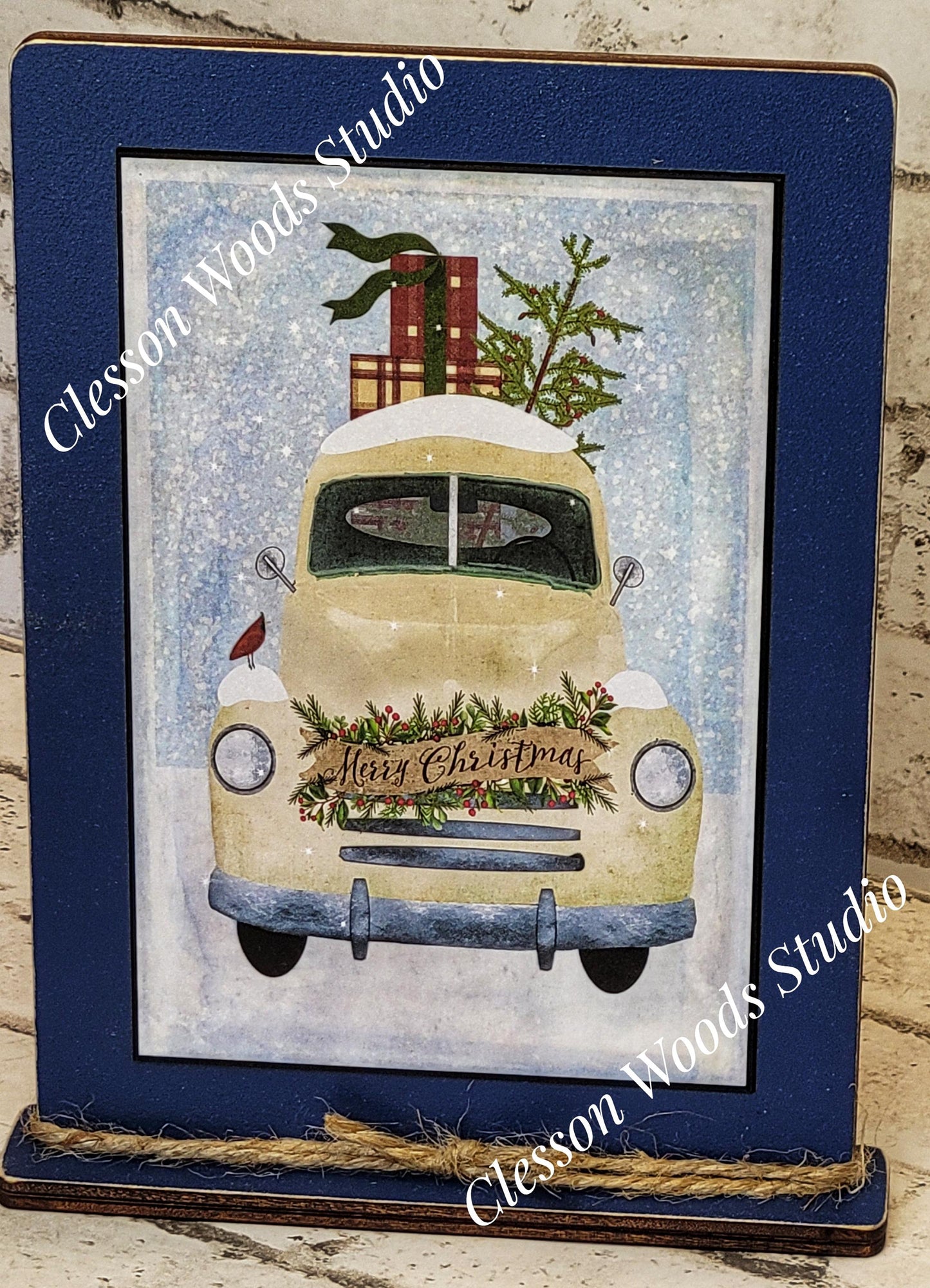 Vintage White Christmas Truck Framed Art with Attached Stand