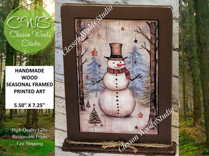 Primitive Snowman Trees Birdhouse Framed Art with Attached Stand