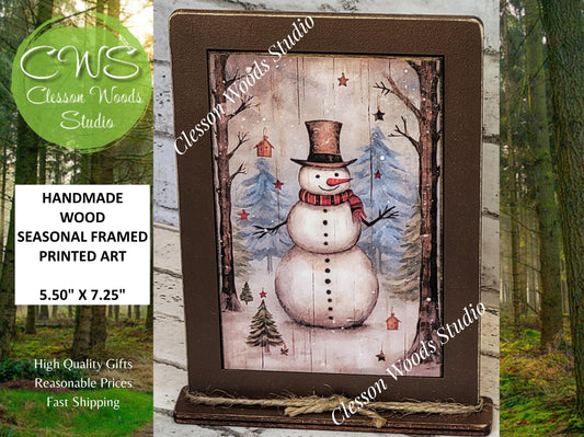 Primitive Snowman Trees Birdhouse Framed Art with Attached Stand