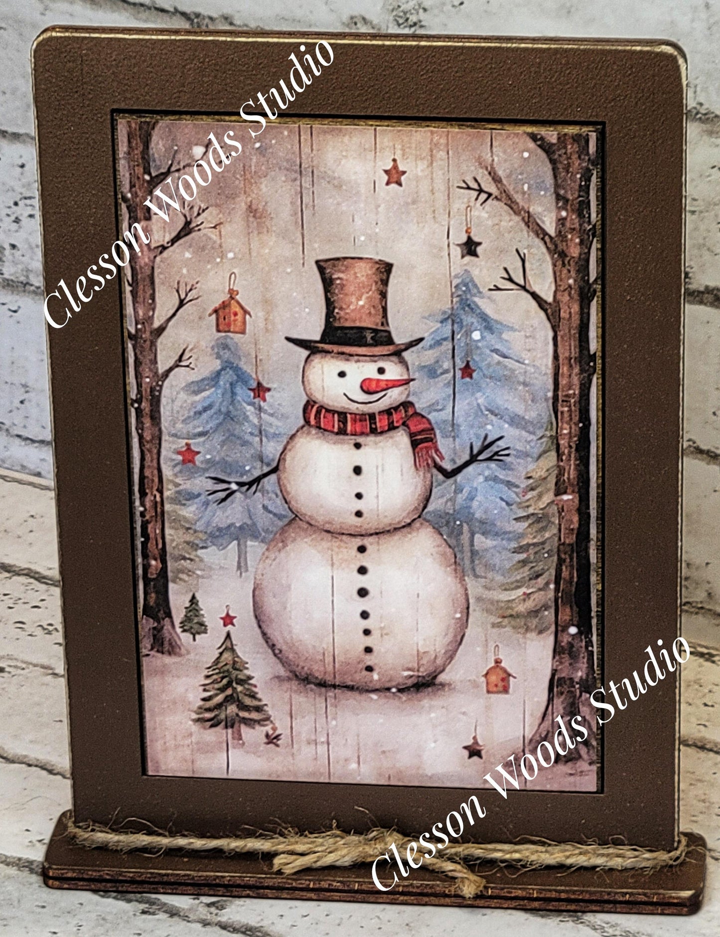 Primitive Snowman Trees Birdhouse Framed Art with Attached Stand