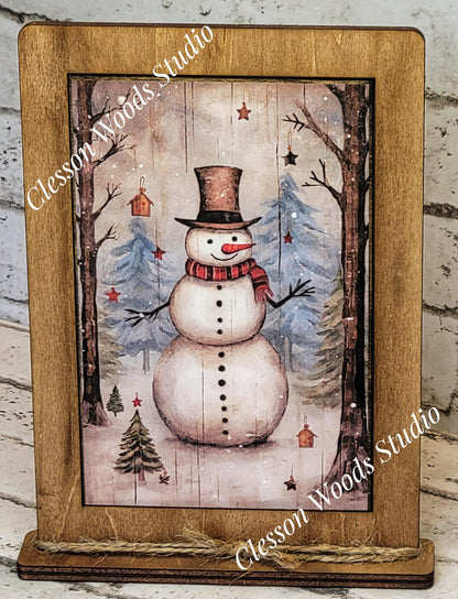 Primitive Snowman Trees Birdhouse Framed Art with Attached Stand