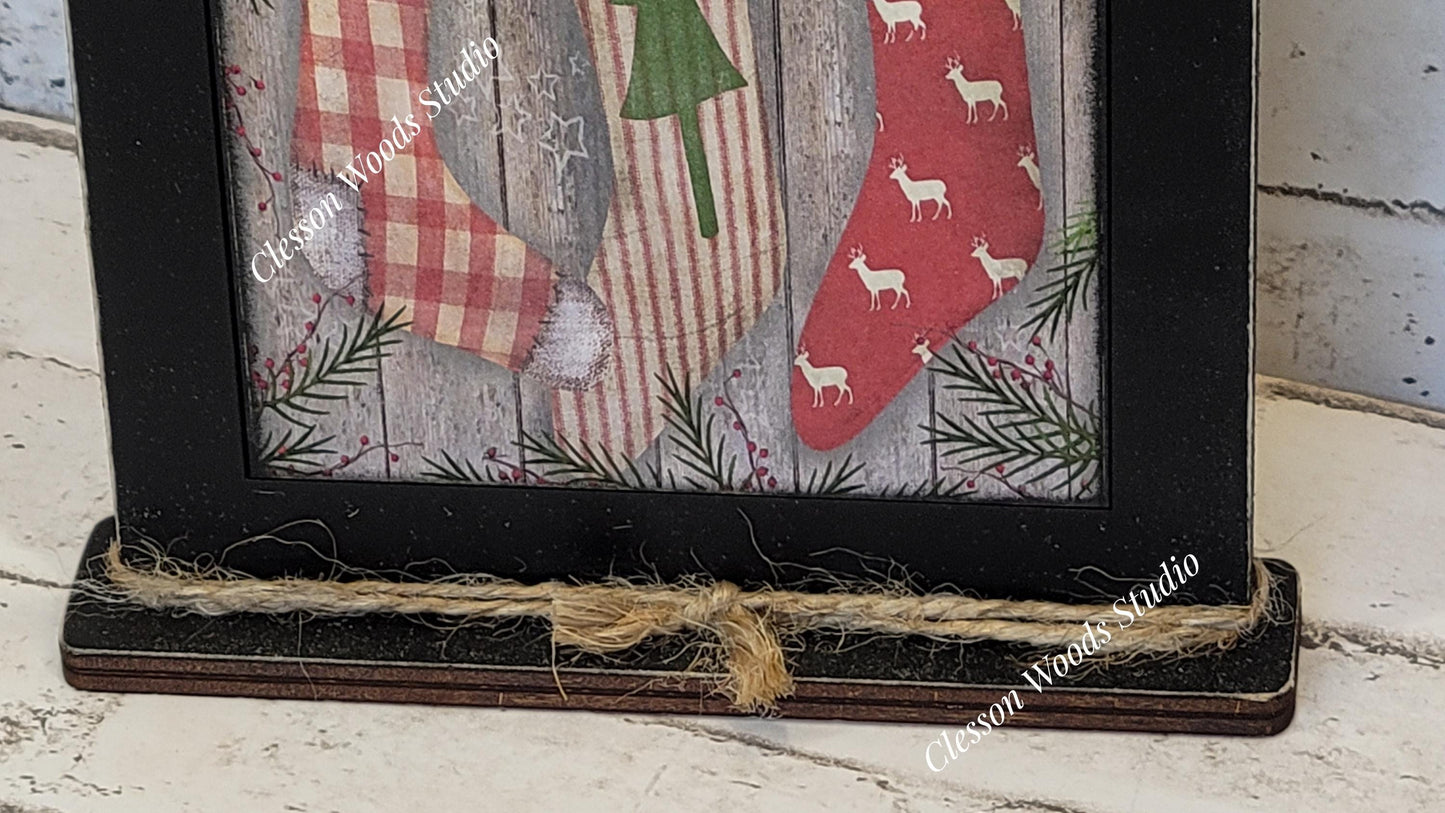 Merry Christmas Stockings Trio Framed Art with Attached Stand