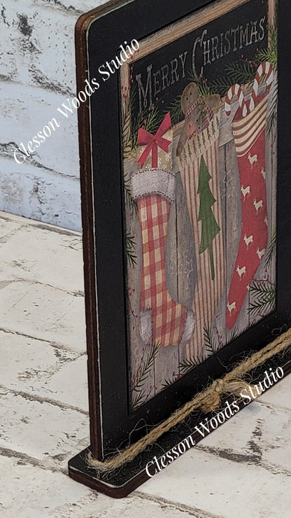 Merry Christmas Stockings Trio Framed Art with Attached Stand