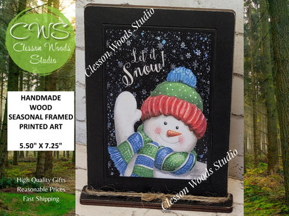 Let It Snow Waving Snowman Framed Art with Attached Stand