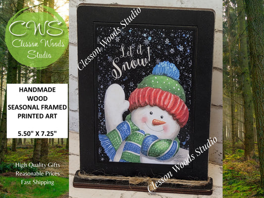 Let It Snow Waving Snowman Framed Art with Attached Stand