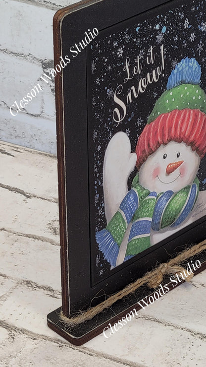 Let It Snow Waving Snowman Framed Art with Attached Stand