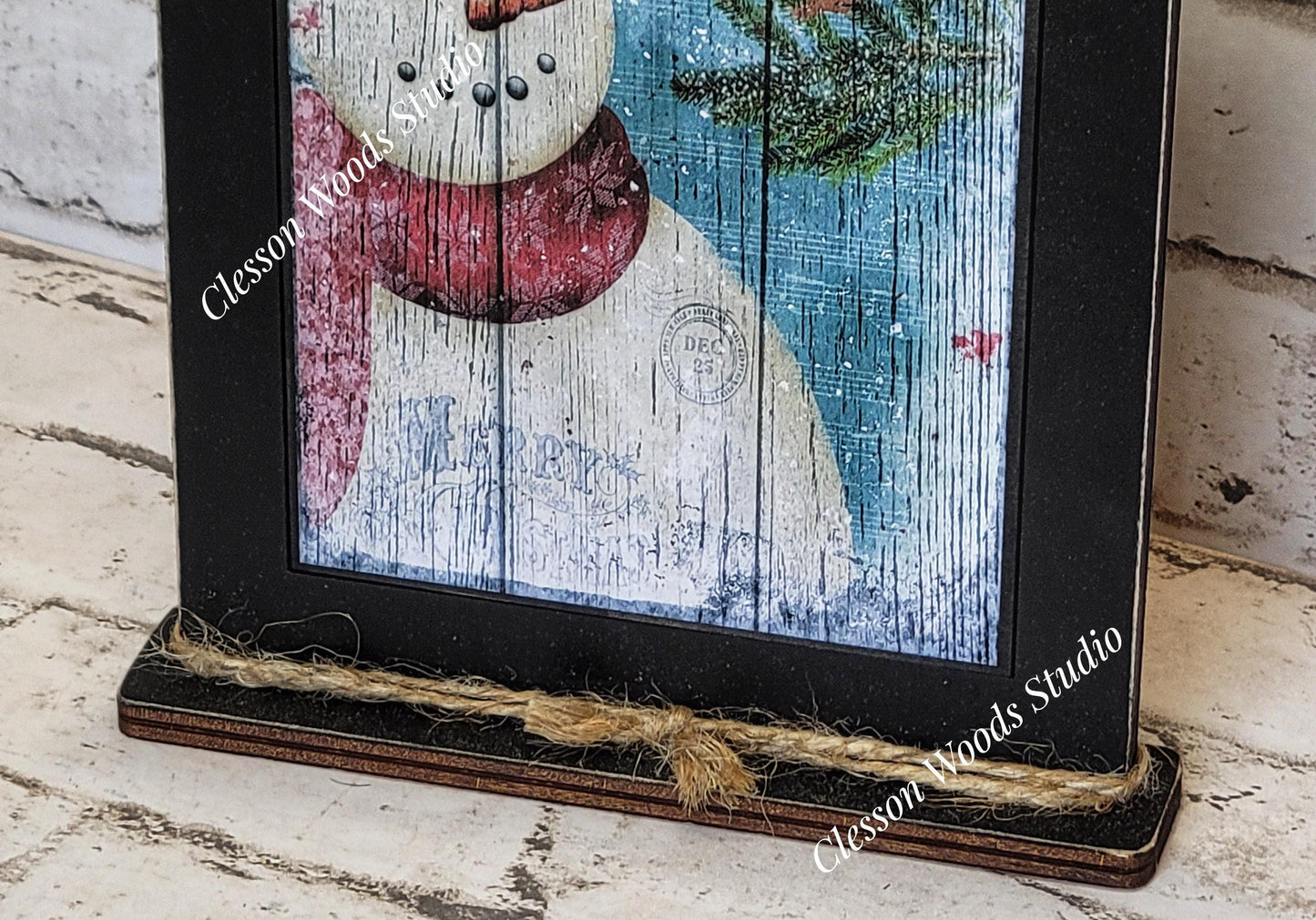 Joy To The World Primitive Snowman Framed Art with Attached Stand