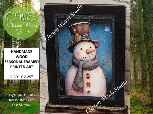 Primitive Snowman Blue Background Framed Art with Attached Stand