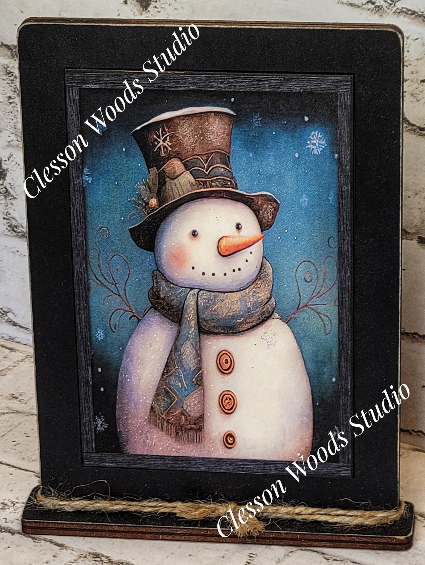 Primitive Snowman Blue Background Framed Art with Attached Stand