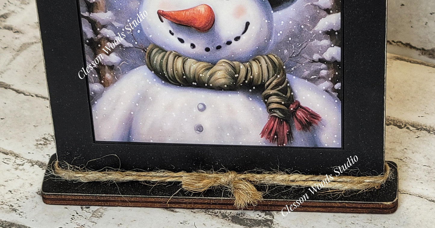 Primitive Snowman Tall Black Hat Framed Art with Attached Stand