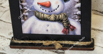 Primitive Snowman Tall Black Hat Framed Art with Attached Stand