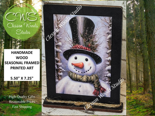 Primitive Snowman Tall Black Hat Framed Art with Attached Stand