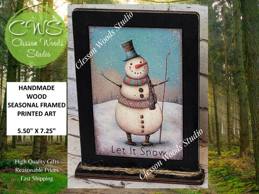 Primitive Snowman Let It Snow Framed Art with Attached Stand