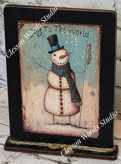 Primitive Snowman Joy To The World Framed Art with Attached Stand