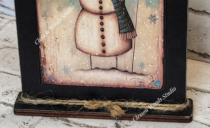 Primitive Snowman Joy To The World Framed Art with Attached Stand