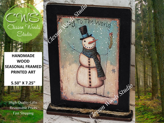 Primitive Snowman Joy To The World Framed Art with Attached Stand