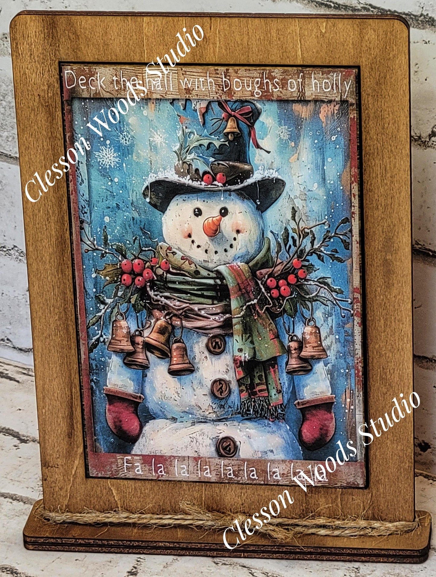 Primitive Snowman Deck The Halls Wreath and Bells Framed Art with Attached Stand