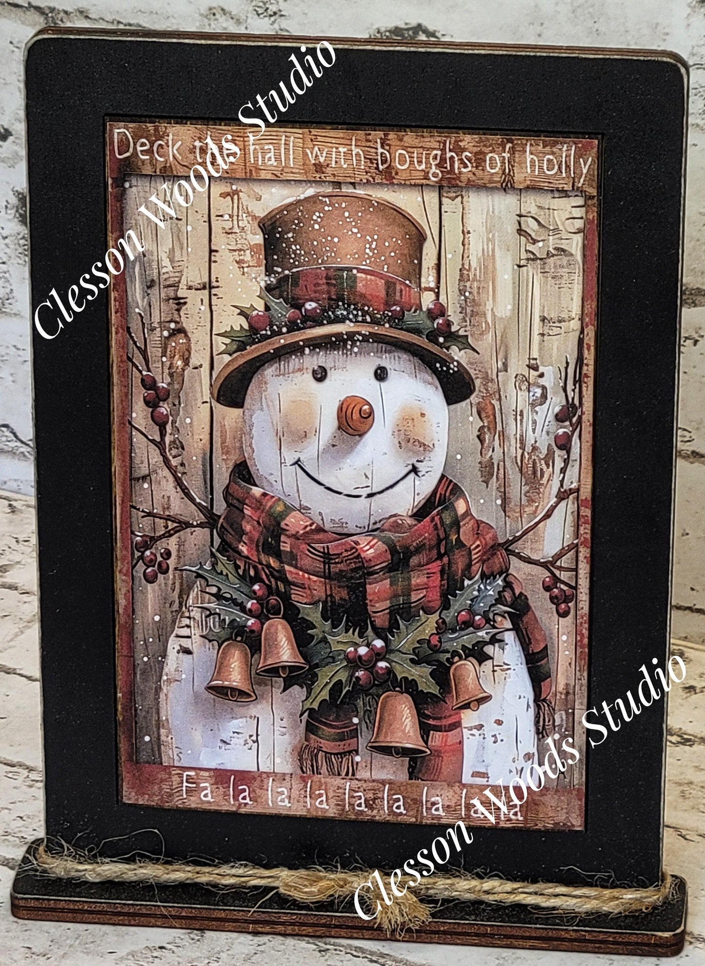 Primitive Snowman Deck The Halls Plaid Scarf Framed Art with Attached Stand