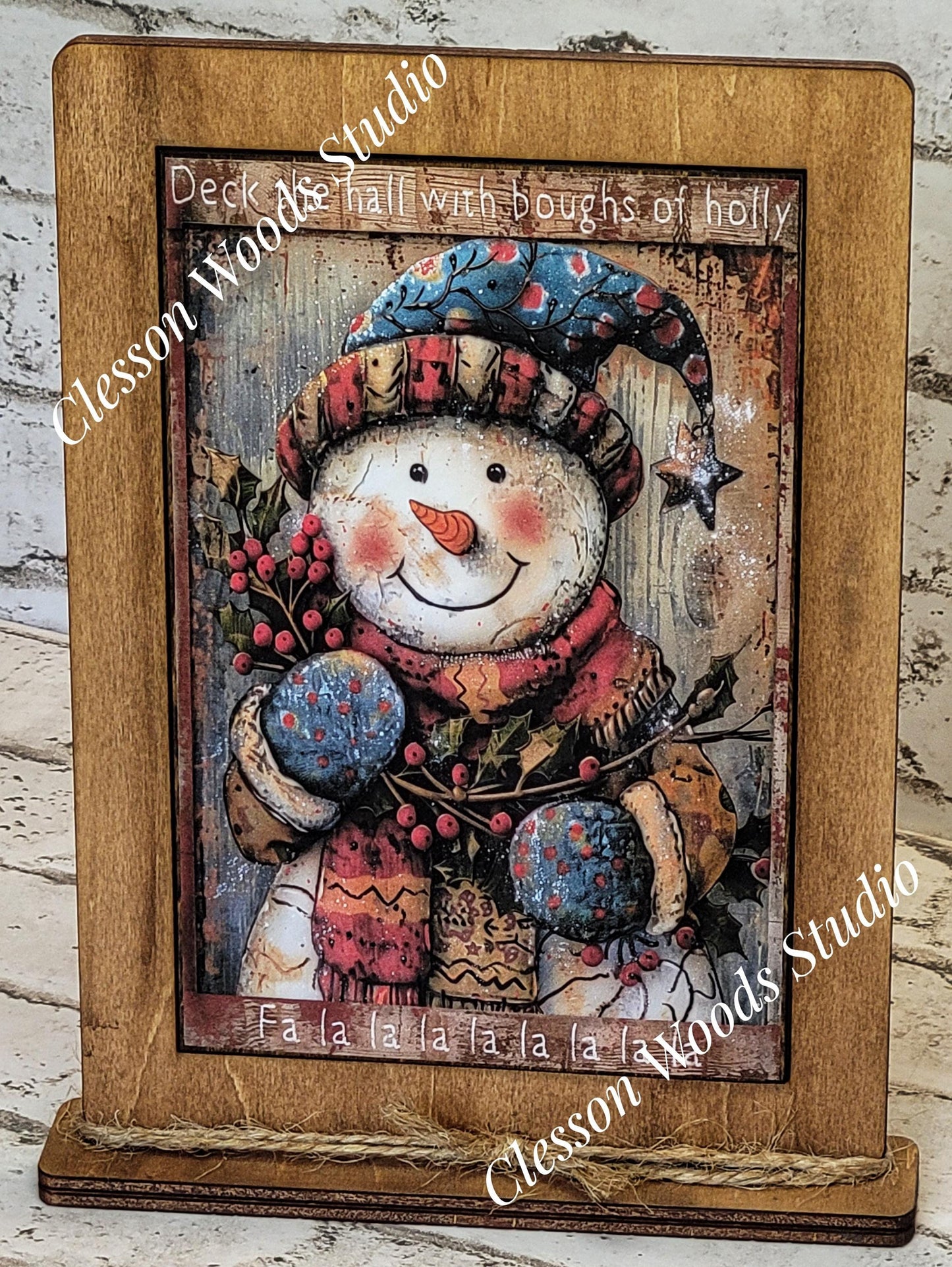 Primitive Snowman Deck The Halls Holly and Berries Framed Art with Attached Stand