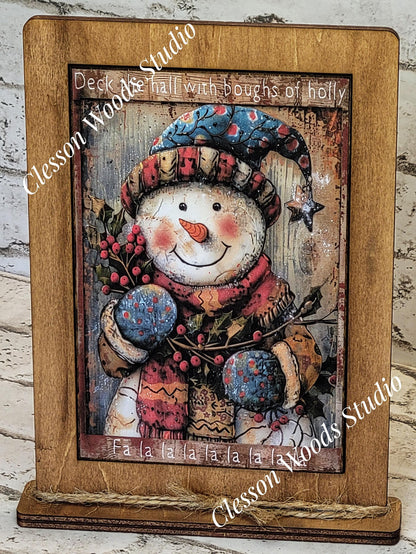 Primitive Snowman Deck The Halls Holly and Berries Framed Art with Attached Stand