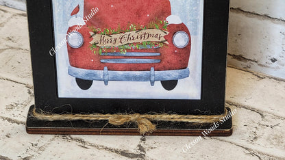 Vintage Truck Red Winter Christmas Framed Art with Attached Stand