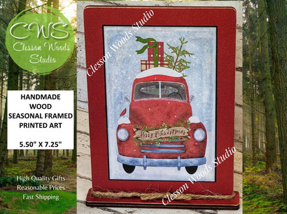 Vintage Truck Red Winter Christmas Framed Art with Attached Stand