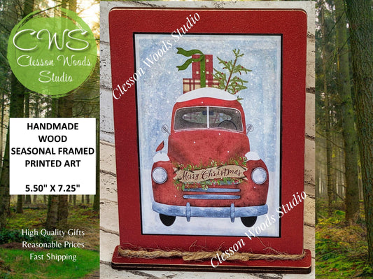 Vintage Truck Red Winter Christmas Framed Art with Attached Stand