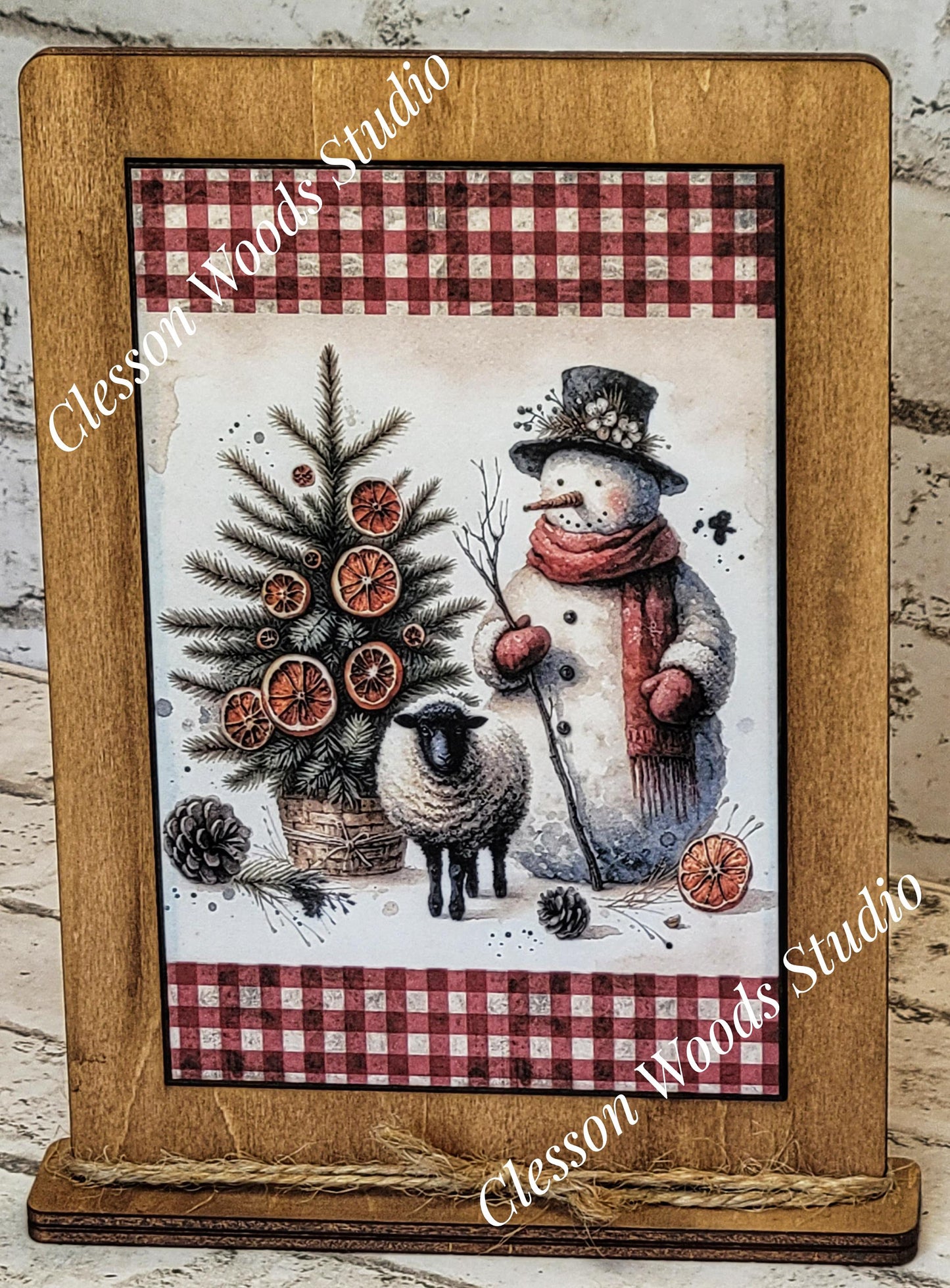 Primitive Snowman Sheep and Tree Framed Art with Attached Stand