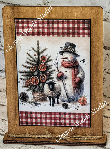 Primitive Snowman Sheep and Tree Framed Art with Attached Stand