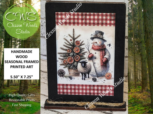 Primitive Snowman Sheep and Tree Framed Art with Attached Stand