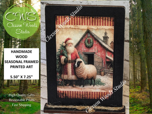 Primitive Santa Barn and Sheep Framed Art with Attached Stand